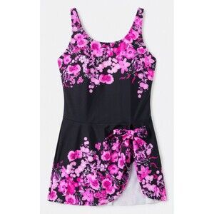 Women's Belly Covering Conservative One Piece Pink Floral Swimsuit With Skirt XL